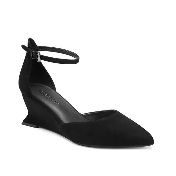 Aerosoles Isra Wedge Pumps Almond Toe Ankle Strap Black Suede Womens US 10M NEW - Picture 1 of 8